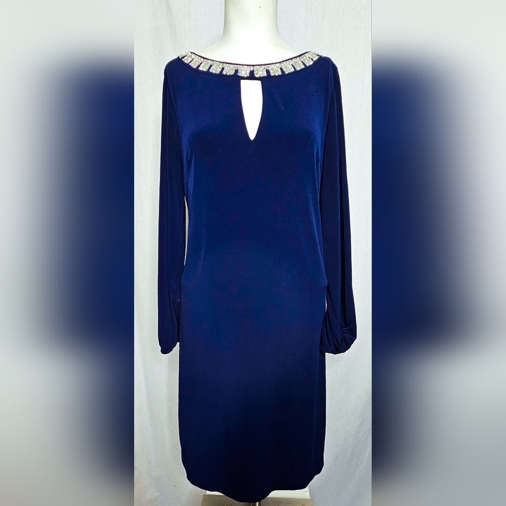 Eliza J Navy Blue Jeweled Keyhole Long Sleeve Formal Wedding Guest Dress Size 8